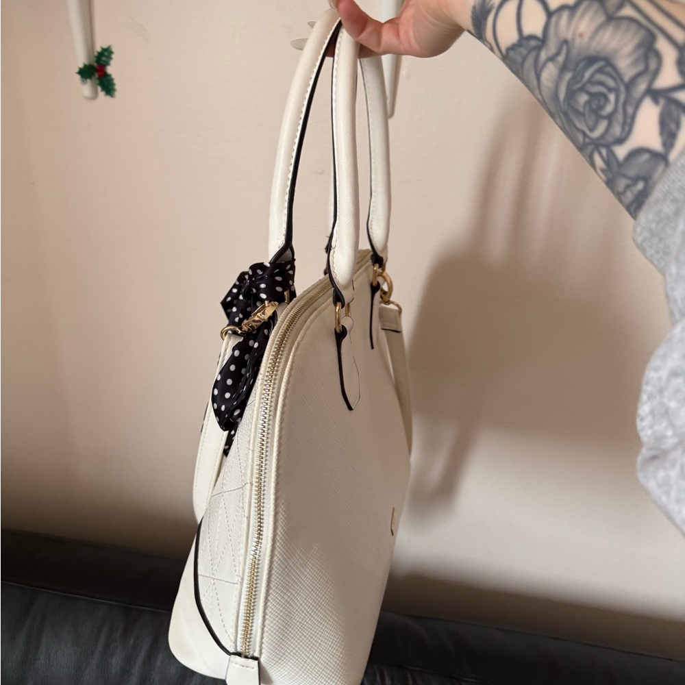 Aldo White Structured Satchel with Black Polka Dot Scarf - Picture 3 of 7